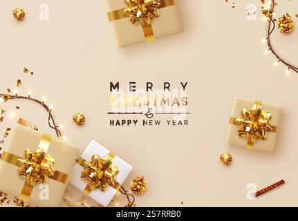 Weihnachtshintergrund. Weihnachtsdesign mit funkelnden Lichtern, realistischer Geschenkbox und glitzerndem Goldkonfetti. Happy New Year Poster, Grußkarte, Banner. Flache Draufsicht konstruieren. Urlaubszusammensetzung Stock Vektor