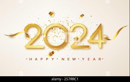 Frohes Neues Jahr 2024. Goldene Zahlen mit Bändern und Konfetti auf weißem Hintergrund. Frohes Neues Jahr 2024. Goldene Zahlen mit Bändern und Konfetti auf weißem Hintergrund. Stock Vektor