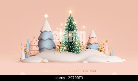 Weihnachtsbäume in Schneetreiben festliche realistische 3D-Neujahrskomposition. In sanften Pastellfarben blau und rosa weiß. Weihnachten minimaler abstrakter Hintergrund. Weihnachtsgrußkarte, Banner. Vektorabbildung. Weihnachtsbäume in Schneetreiben festliche realistische 3D-Neujahrskomposition. In sanften Pastellfarben blau und rosa weiß. Weihnachten minimaler abstrakter Hintergrund. Vektorabbildung Stock Vektor