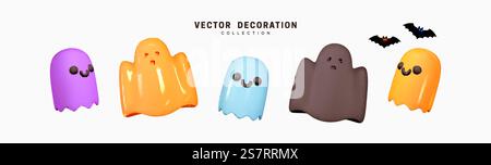 Geist für Halloween. Eine Reihe von mehrfarbigen Geistern mit gruseligen und bösen Emotionen auf ihren Gesichtern. Kreative Konzeptidee. Realistische 3D-Konstruktion. Traditionelle Dekorationselemente für den Urlaub. Vektorabbildung Stock Vektor