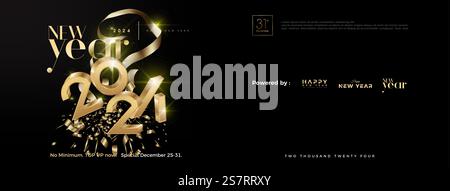 Happy New Year 2024 mit glänzenden goldenen Ziffern. Mit goldenem Band und glänzendem goldenem Glitzer. Premium-Design-Vektor Happy New Year 2024. Stock Vektor
