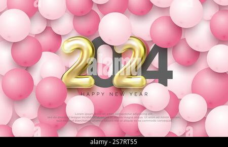 Happy New Year 2024 Design mit luxuriösen goldenen Zahlen auf rosa und weißen Ballons. Premium-Vektor-Design für Poster, Banner, Neujahrsfeier und Begrüßung 2024. Stock Vektor