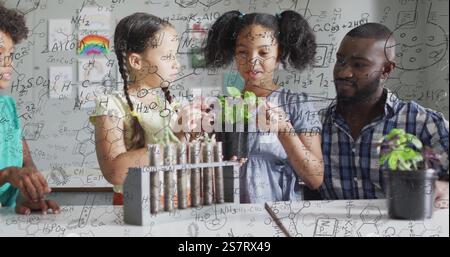 Bild der chemischen Formel über verschiedene Schüler und Lehrer im Klassenzimmer Stockfoto