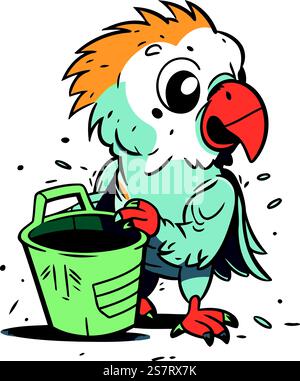 Cartoon-Papagei mit Eimer und Pinsel. Vektorabbildung. Stock Vektor