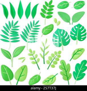Grünes 3D-Laub, tropische Blätter im Sommer, Frühlingssaison. Dekorative Pflanzen, Blattbaum und Ast. Exotische und Gartenpflanze. Organisches pithetisches Vektor-grafisches Clipart-grünes Blatt der Pflanzenillustration. Grünes 3D-Laub, tropische Blätter im Sommer, Frühlingssaison. Dekorative Pflanzen, Blattbaum und Ast. Exotische und Gartenpflanze. Organisches grafisches Clipart für Vektorgrafiken Stock Vektor