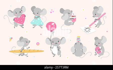 Zeichentrickfiguren der Maus. Niedliche Mäuse stilisiert, Ratten in verschiedenen Posen. Isolierte kindliche Tiere, lustige Comic-Ratte, die heutzutage Vektor-Clipart spielt. Abbildung einer Zeichentrickmaus. Zeichentrickfiguren der Maus. Niedliche Mäuse stilisiert, Ratten in verschiedenen Posen. Isolierte kindliche Tiere, lustige Comic-Ratte, die heutzutage Vektor-Clipart spielt Stock Vektor