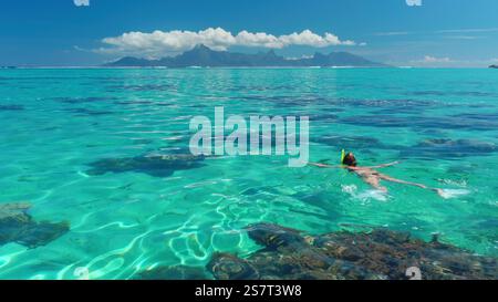 Junge Frau schnorchelt in der lebhaften türkisfarbenen Lagune der Insel moorea, umgeben von üppigen grünen Bergen, und fängt das Wesen des Abenteuers im Paradies von französisch-polynesien ein Stockfoto