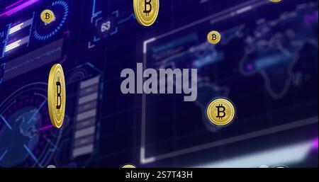 Bild der Datenverarbeitung und Weltkarte über Bitcoins Stockfoto