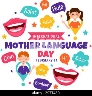 Internationaler Muttersprachstag Vektor-Illustration am 21. Februar mit Mama sagt Hallo in mehreren Weltsprachen in Flat Kids Cartoon Hintergrund Stock Vektor