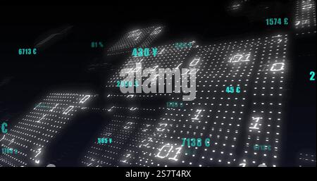 Binärcode und Finanzdatenbild über digitalen Währungssymbolen Stockfoto