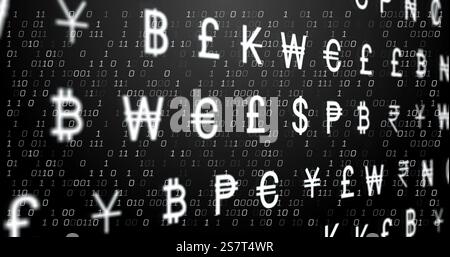 Bild von Binärcode und Währungssymbolen über dunklem Hintergrund Stockfoto