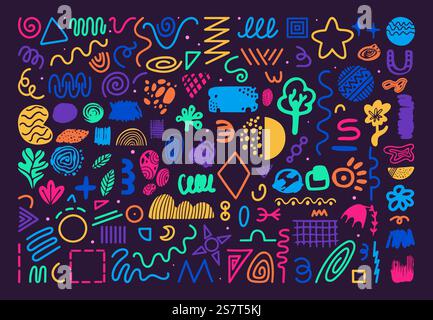 Lustige Kritzeleien abstrakte Formen, Kinder zufällige Zeichnungen. Jugendkunst, bunte Konfetti-Blobs. Strukturierte Pinselelemente, Linien und organische flüssige neoterische Vektorformen der kreativen Kritzelkunst. Lustige Kritzeleien abstrakte Formen, Kinder zufällige Zeichnungen. Jugendkunst, bunte Konfetti-Blobs. Strukturierte Pinselelemente, Linien und organische flüssige neoterische Vektorformen Stock Vektor