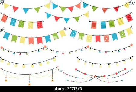 Bunting Flags Kollektion, hängende Girlande Grafik, Retro Flag Wimpel Kette für Party, Event, festliche. Geburtstagsfeier Banner anständiger Vektorsatz der Dekoration Girlande Bunting Illustration. Bunting Flags Kollektion, hängende Girlande Grafik, Retro Flag Wimpel Kette für Party, Event, festliche. Geburtstagsfeier Banner anständiges Vektorset Stock Vektor