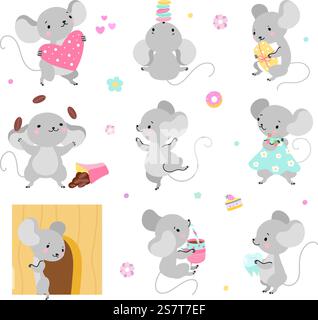 Lustige Zeichentrickmaus, die spielt und schläft. Mäuse niedliche Charaktere in verschiedenen Posen. Comic-Ratten, die verschiedene Dinge machen, kindliche heutzutage Vektor-Clipart. Illustration des lustigen Tieres. Lustige Zeichentrickmaus, die spielt und schläft. Mäuse niedliche Charaktere in verschiedenen Posen. Comic-Ratten, die verschiedene Dinge machen, kindliche heutzutage Vektor-Clipart Stock Vektor
