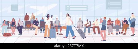 Wartezimmer am Flughafen, Pärchen sitzen in der Lounge. Business-Zimmer, internationale Reisende im Terminal. Touristische Ankunft und Abreise Kicky Vektorszene der Flughafen Lounge Illustration. Wartezimmer am Flughafen, Pärchen sitzen in der Lounge. Business-Zimmer, internationale Reisende im Terminal. Touristische Ankunft und Abreise Kicky Vektorszene Stock Vektor