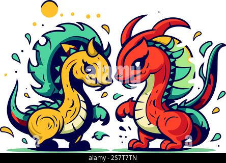Zwei Zeichentrickdrachen. Vektorillustration isoliert auf weißem Hintergrund. Lustige Charaktere. Stock Vektor