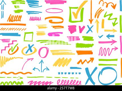 Vektormarkierungen hervorheben, verschiedene Linien und Symbole des Stifts hervorheben. Permanentmarker für Textauswahl, isolierte Kritzelstriche neoterische Vektorsatz aus Stiftmarker und Bleistift-Hervorhebung Illustration. Vektormarkierungen hervorheben, verschiedene Linien und Symbole des Stifts hervorheben. Permanentmarker für Textauswahl, isolierte Kritzelstriche neoterischen Vektorsatz Stock Vektor