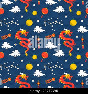 Frohes Chinesisches Neujahr 2024 Nahtloses Muster-Design. Übersetzung : Jahr des Drachen. Mit Laterne, Drachen und China-Elementen in flacher Illustration Stock Vektor