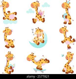 Niedliche Giraffen, Babygiraffe posiert Zeichentrickkollektion. Kinder exotische Zoo Tier Charaktere, entzückende wilde Safari afrika Tiere heutzutage Vektor Set der Zeichentrickfilm Baby Giraffe Illustration. Niedliche Giraffen, Babygiraffe posiert Zeichentrickkollektion. Kinder exotische Zoo Tier Charaktere, entzückende wilde Safari afrika Tiere heutzutage Vektor Set Stock Vektor