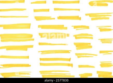 Gelbe Markierungslinien, Textmarker, säurehaltige Striche. Unterstreichen Sie den Pinsel oder die Stiftlinie für Text, kritzeln Sie Permanentmarker Vektorelemente von Gelb heben Sie Kontur für Markierung auf. Gelbe Markierungslinien, Textmarker, säurehaltige Striche. Unterstreichen Sie Pinsel oder Stiftlinie für Text, Scribbeln Sie Permanentmarker neoterische Vektorelemente Stock Vektor