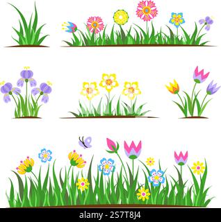 Garten flache Blumen im Gras. Frühlingstulpe, dekorative Blumenelemente auf der Wiese. Frühlingsfeldpflanzen, wilde einfache Vektor-blühende Grafik. Illustration der Tulpenblume im Garten, Blumenblüte. Garten flache Blumen im Gras. Frühlingstulpe, dekorative Blumenelemente auf der Wiese. Frühlingsfeldpflanzen, wilde einfache heutzutage Vektor blühende Grafik Stock Vektor
