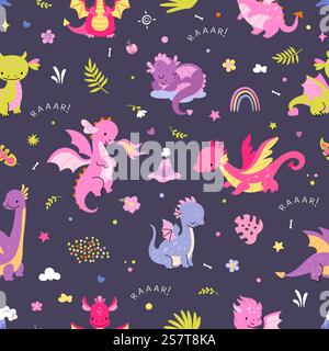 Nahtloses Zeichentrickmuster des Drachen. Niedliche Drachen und kindliches Regenbogenmuster. Mythologie Tierfiguren, lustige flache heute Vektorvorlage der nahtlosen Muster-Dinosaurier-Illustration. Nahtloses Zeichentrickmuster des Drachen. Niedliche Drachen und kindliches Regenbogenmuster. Mythologie Tierfiguren, lustige flache heute Vektorvorlage Stock Vektor