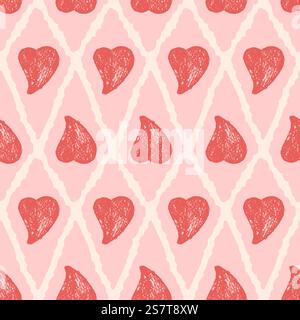 Herzstift gezeichnet nahtloses Muster auf Rhombus-Doodle-Rahmen. Valentinstag Wiederholung Hintergrund. Liebessymbole endlose Kulisse. Oberflächenmusterkonstruktion Stock Vektor