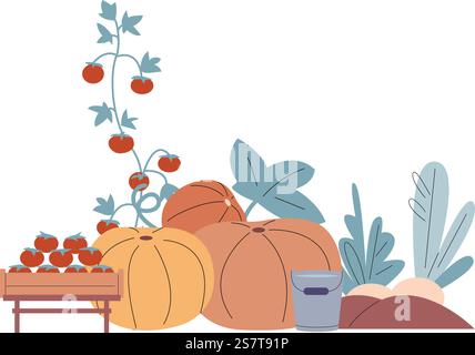Grafische Elemente der Erntezeit. Isolierte Kürbisse, Tomaten, Pflanzen. Frisches Gemüse und Wasserkübel. Agrarvektorelemente der Kürbis-Herbstdekoration Ernte Illustration. Grafische Elemente der Erntezeit. Isolierte Kürbisse, Tomaten, Pflanzen. Frisches Gemüse und Wasserkübel. Agrarvektorelemente Stock Vektor
