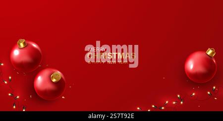 Frohe Weihnachtsschablone auf rotem Hintergrund mit wunderschön gestalteten Weihnachtskugeln. Stock Vektor
