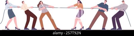 Büroteams ziehen Seil. Konkurrierende Unternehmensgruppen, soziale Konflikte der Menschen. Firmenwettbewerb, Person im Anzug ziehen Ziehen Kicky Vektor Konzept der Wettbewerb Team Rivalität Illustration. Büroteams ziehen Seil. Konkurrierende Unternehmensgruppen, soziale Konflikte der Menschen. Firmenwettbewerb, Person im Anzug ziehen Kicky Vektor Konzept Stock Vektor