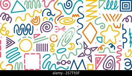 Abstrakte Linienkritzelformen. Bunte Linien, Kurven, Kinderkritzeleien. Moderne Grafik für den Sommer, Party-Scribble-Elemente. Neoterische Zeichnungen Vektorsatz von Doodle Design, grafische Kurvenskizze Illustration. Abstrakte Linienkritzelformen. Bunte Linien, Kurven, Kinderkritzeleien. Moderne Grafik für den Sommer, Party-Scribble-Elemente. Vektorsatz für neoterische Zeichnungen Stock Vektor