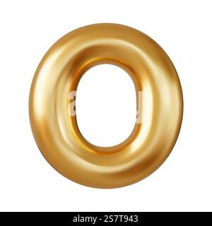 3D-Buchstabe O, goldfarben in Großbuchstaben, realistisches 3D-Design im Ballon-Stil. Isoliert auf weißem Hintergrund. 3D-Rendering. Vektorabbildung. 3D-Buchstabe O Großbuchstaben Stock Vektor