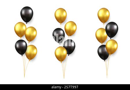 Set festlicher Sträuße aus Gold, schwarze Ballons isoliert auf weißem Hintergrund. Farbig glänzender fliegender Ballon, Band, Geburtstagsfeier, Überraschung. 3D-Rendering. Vektorabbildung. Set aus festlichem Gold, schwarzen Ballons Stock Vektor