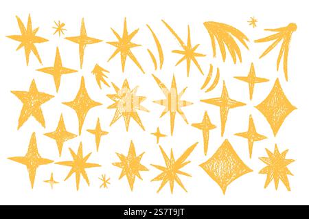 Buntstift funkelnde Sterne gesetzt. Space Shine Shapes and Blings Doodle Pack. Kometen und Blinzeln am Nachthimmel. Vektor handgezeichnet mit Bleistift oder Pastellillustrati Stock Vektor