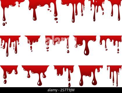 Rot tropfendes Blut. Fließende Farbe, Spritzer und flüssige Elemente. Tintentropfen, gruseliges halloween fließt Grenzen. Cartoon neoterische Flecken Vektorsatz von rotem Bluttropf und flüssiger Illustration. Rot tropfendes Blut. Fließende Farbe, Spritzer und flüssige Elemente. Tintentropfen, gruseliges halloween fließt Grenzen. Cartoon neoterische Flecken Vektor-Set Stock Vektor