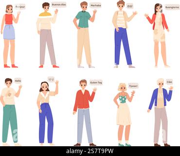 Weltweite Grüße Menschen, Hallo zur Fremdsprache. Junge Erwachsene Vielfalt Grüße, isolierte GelegenheitsComic-Studenten, kuschelige Vektor-Charaktere Kommunikationssprache, weltweite ausländische Illustration. Weltweite Grüße Menschen, Hallo zur Fremdsprache. Junge Erwachsene Vielfalt grüßt, isolierte GelegenheitsKarikaturschüler kuschelige Vektorfiguren Stock Vektor