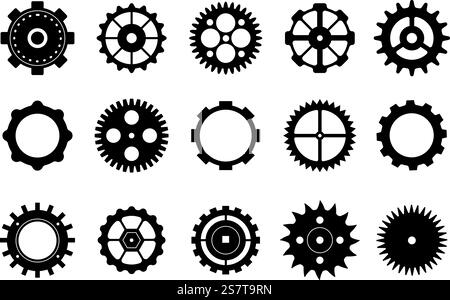 Symbole für flache Gänge, Grafik des werksseitigen Zahnrads. Schwarze Zahnradsymbole. Fortschritt oder Serviceverfahren, Piktogramm des Arbeitszyklus angemessene Vektorelemente der Abbildung des Radgetriebe-Mechanismus. Symbole für flache Gänge, Grafik des werksseitigen Zahnrads. Schwarze Zahnradsymbole. Fortschritt oder Serviceprozess, Arbeitszyklus-Piktogramm angemessene Vektorelemente Stock Vektor