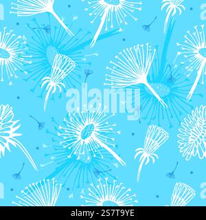 Nahtloses Muster des Löwenzahn skizzieren. Pollen auf dem Wind, Pusteblumen-Stoffdruck. Sommerblumen, Natur Blumensamen neoterischen Vektor Hintergrund der Löwenzahn nahtlose Wind Illustration. Nahtloses Muster des Löwenzahn skizzieren. Pollen auf dem Wind, Pusteblumen-Stoffdruck. Sommerblumen, Natur Blumensamen neoterischen Vektor Hintergrund Stock Vektor