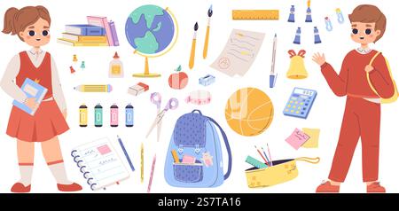 Schulpädagogik-Schreibwaren. Bücher stapeln, Pinsel und Taschenrechner. Lernwerkzeuge Objekte und lustige Schüler. Schüler und Rucksack, kuschelige Vektor-Set aus Schulpapier, Bleistift und Malerei Illustration. Schulpädagogik-Schreibwaren. Bücher stapeln, Pinsel und Taschenrechner. Lernwerkzeuge Objekte und lustige Schüler. Kleine Schüler und Rucksack, kuscheliges Vektorset Stock Vektor