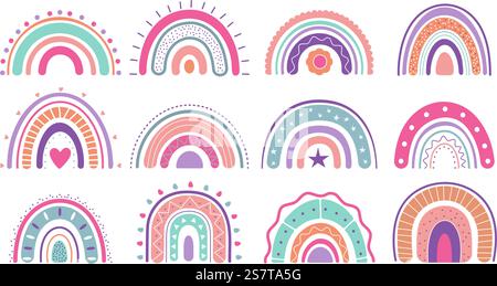 Abstrakter Doodle-Regenbogen für Kinder. Kindergarten Regenbogen Aufkleber Design für Wände, Kinderzimmer Dekoration. Boho-Stoff-Druckelemente, anständige Vektorgrafik der kindlichen Illustration des Regenbogenkindergartens. Abstrakter Doodle-Regenbogen für Kinder. Kindergarten Regenbogen Aufkleber Design für Wände, Kinderzimmer Dekoration. Boho Pastellstoff-Druckelemente, anständige Vektor-Clipart Stock Vektor