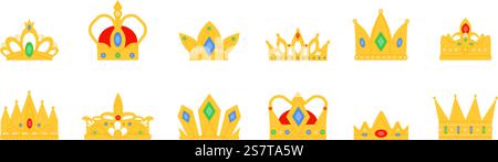 Königsgoldene Kronen. Krönungskrone, Dekoration für Kinder und Erwachsene Könige. Königin Diadem, Siegessymbole gesetzt. Anständiges flaches Prinzessin-Vektor-Logo der goldenen königlichen Krone Illustration. Königsgoldene Kronen. Krönungskrone, Dekoration für Kinder und Erwachsene Könige. Königin Diadem, Siegessymbole gesetzt. Anständiges flaches Prinzessinnen-Vektor-Logo Stock Vektor