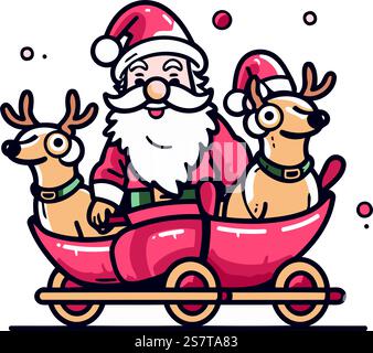 Weihnachtsmann und Rentier reiten auf einem Schlitten. Vektorabbildung. Stock Vektor