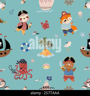 Piratenmuster, Tierpiraten und Schiffe. Niedliches, nahtloses Meeresmuster für Kinder, dekoratives nautisches Zeichentrickdesign. Heute Tiere Vektor Hintergrund mit Zeichentricktier Piraten Illustration. Piratenmuster, Tierpiraten und Schiffe. Niedliches, nahtloses Meeresmuster für Kinder, dekoratives nautisches Zeichentrickdesign. Heute Vektorhintergrund für Tiere Stock Vektor