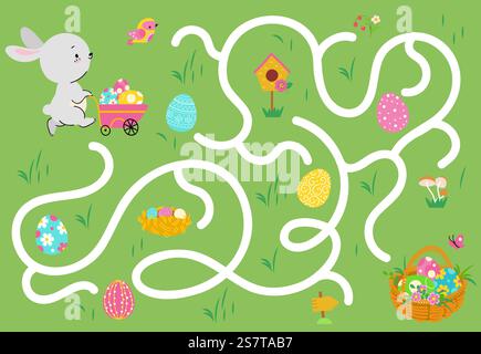 Kinder osterlabyrinth Spiel. Eierjäger mit süßem Karikaturhase. Finden Sie den richtigen Weg, Kinder Papier spielen Labyrinth. Frühling festliche heute Vektorvorlage der Frühlingshasen-Illustration. Kinder osterlabyrinth Spiel. Eierjäger mit süßem Karikaturhase. Finden Sie den richtigen Weg, Kinder Papier spielen Labyrinth. Frühlingsfest heute Vektorvorlage Stock Vektor