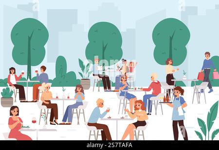 Beliebtes Sommercafé im Freien. Junge Erwachsene, Paare und Teenager, Familie sitzt im Restaurant, Essen und Trinken. Kellner auf der Arbeit, Leute einkaufen, Vektorszene der Sommer-Café-Straßenillustration. Beliebtes Sommercafé im Freien. Junge Erwachsene, Paare und Teenager, Familie sitzt im Restaurant, Essen und Trinken. Kellner auf der Arbeit, Leute einkaufen, Vektorszene Stock Vektor