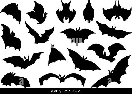 Fliegende Fledermaus schwarze Silhouetten, Fledermäuse halloween-Symbole Schwärme. Gruselige Vampire, gotische Horrorgrafik. Isolierte Tiere anständiges Vektorclipart der halloween Silhouette Illustration. Fliegende Fledermaus schwarze Silhouetten, Fledermäuse halloween-Symbole Schwärme. Gruselige Vampire, gotische Horrorgrafik. Isolierte Tiere anständige Vektorclipart Stock Vektor