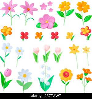 Blumen 3D-Elemente. Sommerblumenspielzeug, Ton macht Plastilin-Imitation. Farb Tulpen, Kamille, Gras. Isolierte Gänseblümchen, realistische pithy Vektor-Satz der Blume Sommer Dekoration Blüte Illustration. Blumen 3D-Elemente. Sommerblumenspielzeug, Ton macht Plastilin-Imitation. Farb Tulpen, Kamille, Gras. Isoliertes Gänseblümchen, realistisches pithy Vektorset Stock Vektor