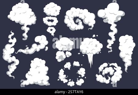 Cartoon Rauch auf Wind, rauchende Comic Kit. Explosionseffekt, Kochnebel oder Feuer rauchen Elemente. Weiße Bewegungswolken, kuscheliger Vektordampfsatz der Zeichentrickrauchillustration. Cartoon Rauch auf Wind, rauchende Comic Kit. Explosionseffekt, Kochnebel oder Feuer rauchen Elemente. Weiße Bewegungswolken, kuscheliger Vektordampfsatz Stock Vektor