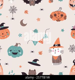 Nahtloses Halloween-Cartoon-Muster mit Kürbissen, Fledermaus und Spinne. Hexenkatze im Hut, gruseligen Kreaturen Vektorstoff oder Papierdruck. Illustration des halloween-Musters. Nahtloses Halloween-Cartoon-Muster mit Kürbissen, Fledermaus und Spinne. Hexenkatze im Hut, gruseligen Kreaturen Vektorstoff oder Papierdruck Stock Vektor