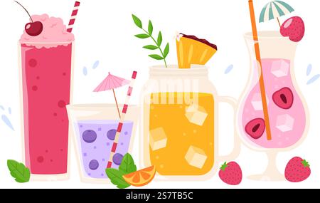 Sommercocktails in Gläsern mit Früchten und Beeren. Beach Bar, Café oder Nachtclub Drinks. Süßes Alkoholgetränk, Vektor-Cocktail-Satz der Cocktail-Sommer-Frucht-Illustration. Sommercocktails in Gläsern mit Früchten und Beeren. Beach Bar, Café oder Nachtclub Drinks. Süßalkoholgetränk, Vektor-Cocktail-Set Stock Vektor